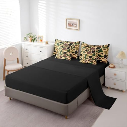 Erosebridal Hunt Bear 7 Piece Bedding Set Twin Camo Comforter Set with Sheets Wolf Turkey Deer Hound Print Bed in a Bag Yellow Brown Camouflage for Kids Boys Girls