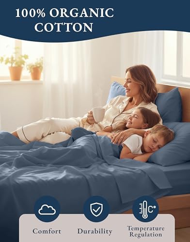 LANE LINEN Queen Bed Sheet Set 100% Organic Cotton 4pc Soft - Estate Blue