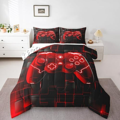 Manfei Kids Games Comforter Set King Size, Red Gaming Bedding Set for Boys Girls Teens Bedroom Decor, Black Video Gamer Controller Down Comforter, Reversible Gamepad Quilt Set, 2 Pillowcases