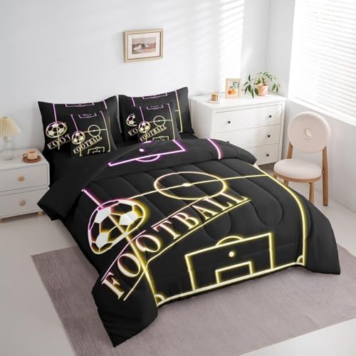 Football Bed in a Bag 7-Piece for Boys Sport Bedding Set, Rainbow Neon Light Twin Size Comforter Set Gradient Soccer Field Bedding Comforter Sets, Ball Gaming Bed Set Yellow Pink (Black Reversible)