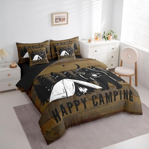 Erosebridal Happy Camping 7 Pieces Bedding Set Queen Size,Camping Lover Bed in a Bag,Cabin Funny Bear Bed Set Includes Comforter,Sheet Set,Pillowcases & Pillow Covers,Brown Wooden Plank Bedroom Decor
