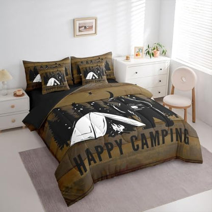 Erosebridal Happy Camping 7 Pieces Bedding Set Twin Size,Camping Lover Bed in a Bag,Cabin Funny Bear Bed Set Includes Comforter,Sheet Set,Pillowcases & Pillow Covers,Brown Wooden Plank Bedroom Decor