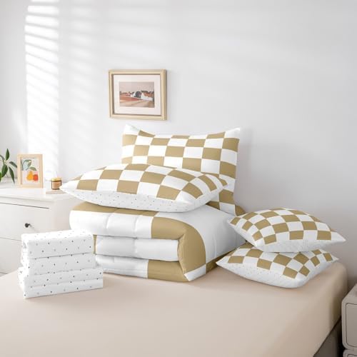 jejeloiu Light Brown Bedding Set 7Pcs Queen Size Kids Checkered Grid Comforter Set with Sheets for Boys Girls Classic Plaid Buffalo Check Bed in a Bag Soft Lightweight,Microfiber