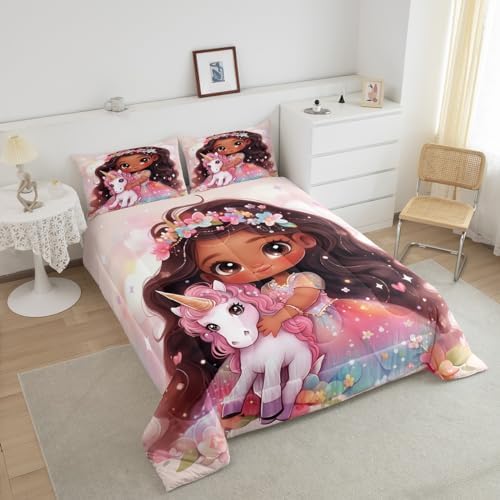 Manfei Princess Comforter Set Queen Size, Cute Girl Unicorn Down Comforter, Black Little Girl Floral Unicorn Bedding Set for Kids Bedroom Decor, American Style Girl Duvet Insert, 2 Pillowcases