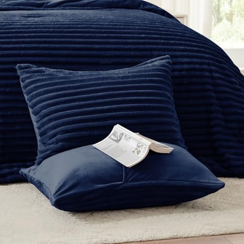 EXQ Home Fluffy Comforter Set King Size,3 Pieces Bed Set,Navy Blue