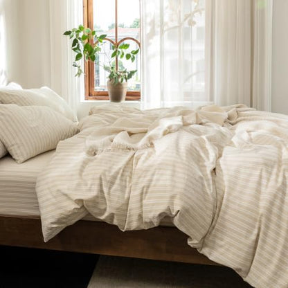 FOSSA Striped Duvet Cover Set 100% Washed Cotton Linen Feel Queen