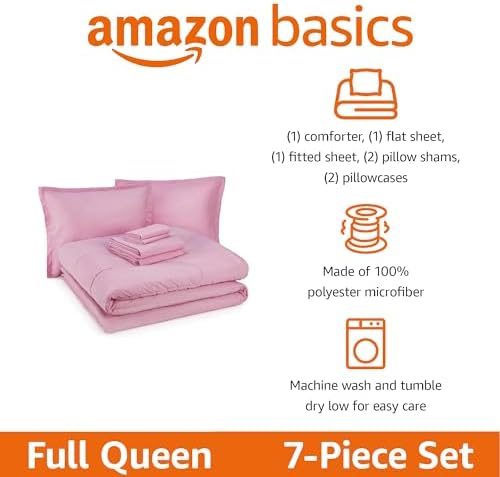 Amazon Basics 7-Piece Soft Microfiber Kid's Bed-in-a-Bag Bedding Set, Full/Queen, Pink, Solid