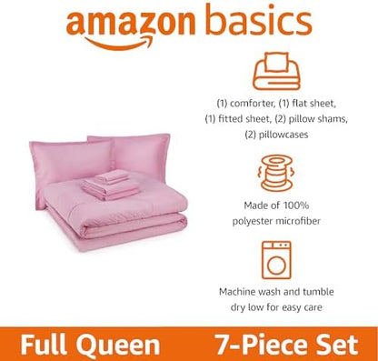 Amazon Basics 7-Piece Soft Microfiber Kid's Bed-in-a-Bag Bedding Set, Full/Queen, Pink, Solid