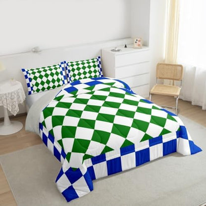 Feelyou Checkered Geometric Bedding Set for Boys Girls Blue Green Plaid Comforter Set Toddler Size Checkerboard Modern Aesthetic Duvet Quilt Reversible Grey Bedroom Decor 2 Pcs with 1 Pillow Cases