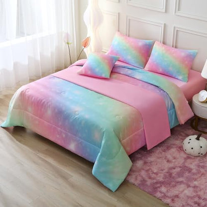 JQinHome Glitter Bedding Set Full Size,6 Piece Bed in A Bag 3D Colorful Rainbow Galaxy Comforter Set for Girls Kids-All Season Microfiber Tie-Dye Bedding Sets(Rainbow)