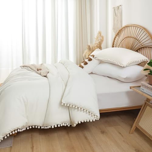 YIRDDEO Queen Comforter Set, Ivory Ball Pom Fringe Bedding Set 3 Pieces