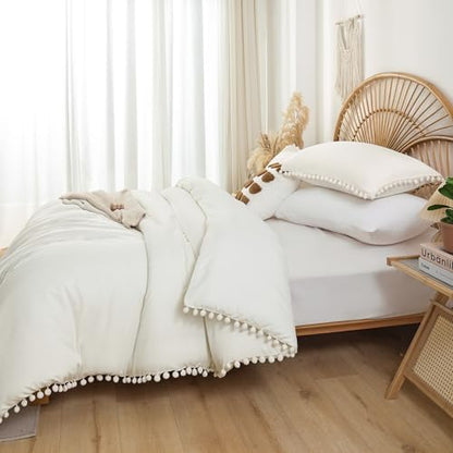 YIRDDEO Full Ivory Microfiber Comforter Set, 3pcs Boho Ball Pom Fringe Design Bedding Set (1 Comforter, 2 Pillowcases)