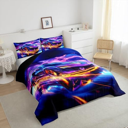 Erosebridal Rainbow Race Car Boy Queen Bedding Sets for Kids,Watercolor Tie Dye Aurora Car Comforter Set for Child Room Decor,Vintage Speed Racing Cars Comforter,Hot Pink Sports Racing Games Quilt