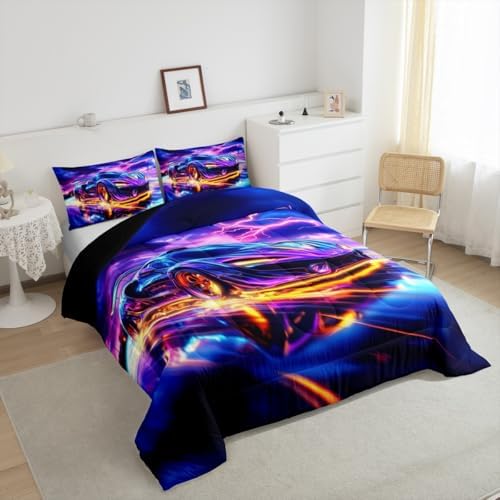 Erosebridal Rainbow Race Car Boy Twin Bedding Sets for Kids,Watercolor Tie Dye Aurora Car Comforter Set for Child Room Decor,Vintage Speed Racing Cars Comforter,Hot Pink Sports Racing Games Quilt