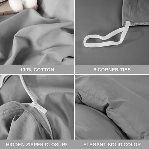 SAPHREAS 100% Washed Cotton Duvet Cover Twin Size Set, Linen Like Comforter Cover with Zipper Closure & Corner Ties (No Comforter), 68x90 Grey