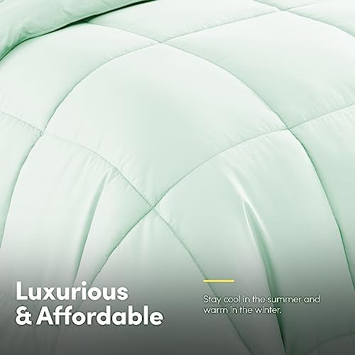 Sweet Home Collection 7 Piece Comforter Set Bag Solid Color All Season Soft Down Alternative Blanket & Luxurious Microfiber Bed Sheets, Mint, Queen