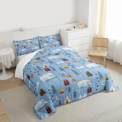 Homewish Cartoon Tents Camp Camper Comforter Set Twin Size,Camping Picnic Bedding Sets 2Pcs for Kids Girls Boys Teens Room Decor,Woodland Bear Quilted Duvet Snow Mountain Down Comforter,1 Pillowcase