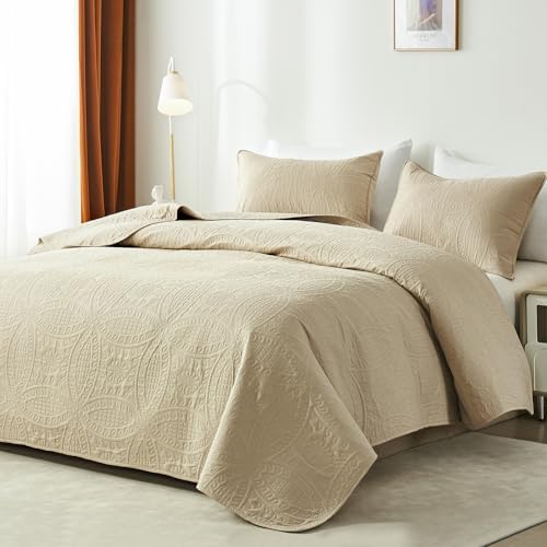 akkialla Queen Quilt Bedding Set,Beige Ultrasonic Full/Queen Quilt Set,Lightweight Soft Bedspread Coverlet,Modern Style Coin Pattern Bed Cover for All Seasons,3 Piece(1 Quilt,2 Pillow Shams)