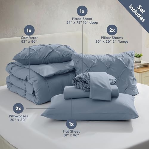 Nestl 9 Piece Full Comforter Set – Stone Blue Pinch Pleated Bed in a Bag – Complete Full Size Bedding Set with Sheets, Set of 2 Cooling Pillows, Pillowcases and Shams