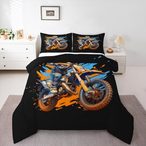 Feelyou Dirt Bike Bedding Set Soft for Boys Girls, Racing Motocross Rider Comforter Set Toddler Size Extreme Sports Duvet Quilt Microfiber Motorcycle Bedroom Decor Motorbike 2 Pcs with 1 Pillow Cases