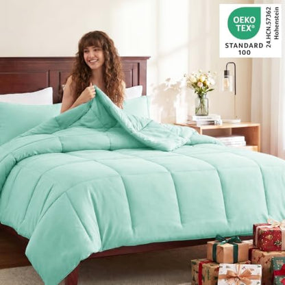 CozyLux King Size Comforter Set, 3-Piece Box-Stitched, Mint Green