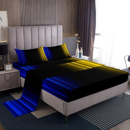 Feelyou Teens Abstract Ombre Decorations Bedding Set for Kids Women Blue Yellow and Black Bed Sheets Set Geometric Modern Fitted Sheet Sets Room 4Pcs King Size