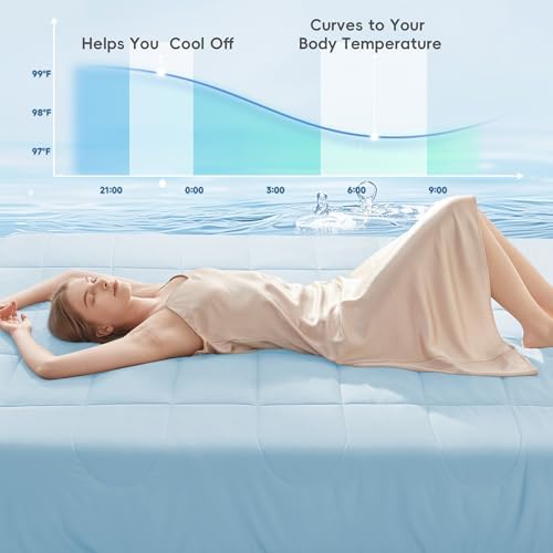 HYLEORY Cooling Comforter Queen Size - Summer Cooling Blanket for Hot Sleepers/Night Sweats, Double-Sided Cold Touch Silky Ice Comforters, Breathable Lightweight Beddings, Cool Blue, 90"x90"