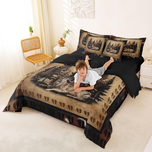 Erosebridal Farmhouse Deer Bed in A Bag 7 Pcs Country Forest Animal Comforter Set for Women Men Hunting Wildlife Deer Paw Bedding Sets King Rustic Woodland Cabin Sheet Set with Comforter