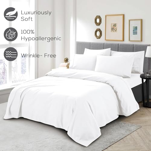 Mueller 6 Piece Queen Bed Sheets Set – Ultratemp Cooling Technology, Oeko-TEX Certified, Ultra-Soft Series, 4 Pillowcases, Deep Pocket 16", Hypoallergenic, Wrinkle-Free Hotel Bedding, White