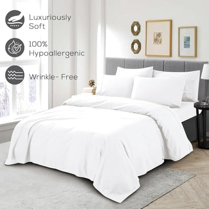 Mueller 6 Piece Queen Bed Sheets Set – Ultratemp Cooling Technology, Oeko-TEX Certified, Ultra-Soft Series, 4 Pillowcases, Deep Pocket 16", Hypoallergenic, Wrinkle-Free Hotel Bedding, White