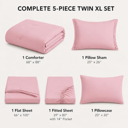 HIMEET Twin XL Comforter Set, 5-Piece Point-Quilted Bed in a Bag, Pink
