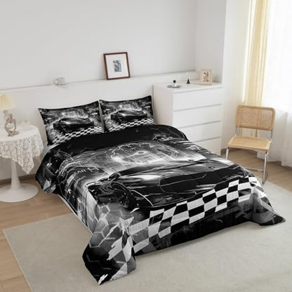 Feelyou Boys Black Race Car Twin Size Bedding Set Kids Racing Car Decor Comforter Extreme Sports Car Comforter Set for Teens Honeycomb Grid Car Comforter Quilt Set Car Room Decorations