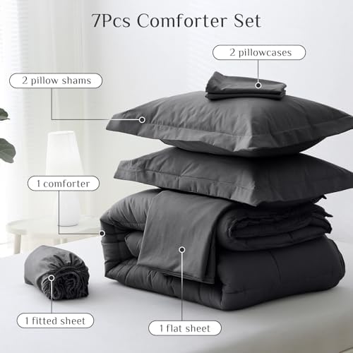 JOLLYVOGUE Queen Comforter Set, Ultra-Soft Bed in a Bag Queen Size 7 Pieces, Oeko-TEX Certified Bedding Set with Down Alternative Comforter, Sheets, Pillowcases & Shams, Dark Grey