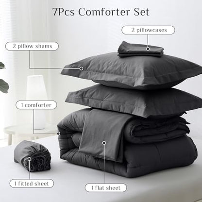 JOLLYVOGUE Queen Comforter Set, Ultra-Soft Bed in a Bag Queen Size 7 Pieces, Oeko-TEX Certified Bedding Set with Down Alternative Comforter, Sheets, Pillowcases & Shams, Dark Grey
