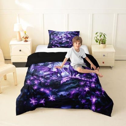 Feelyou Dragon Bedding Set Soft for Boys Girls, Magical Beast Comforter Set Twin Size Jungle Duvet Quilt Microfiber Wild Animal Bedroom Decor Fantasy Animal 2 Pcs with 1 Pillow Cases