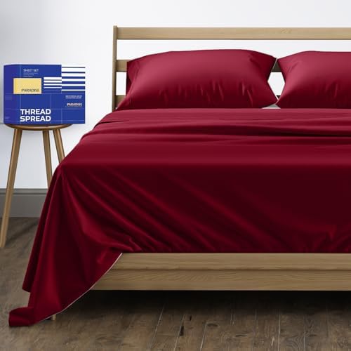 THREAD SPREAD Egyptian Cotton Sheets Queen Size - 1000 Series High Thread Count Cotton Queen Sheet Set (4 PC, Burgundy), 16" Snug Fit Deep Pocket, Cooling, Sateen Weave, Ultra-Soft Hotel Luxury Sheets