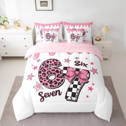 Erosebridal Cartoon 67 Bow Comforter Set Twin Size for Girls Leopard Print Plaid Number 7 Piece Bedding Set Girly Six Seven Cute Star Print Bed in A Bag Pink Ice Cream Drip Bed Set