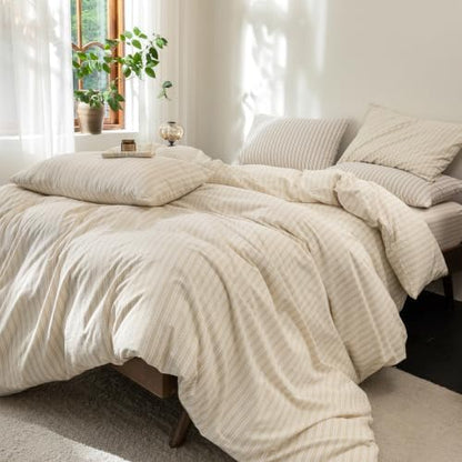 FOSSA Striped Duvet Cover Set 100% Washed Cotton Linen Feel Queen