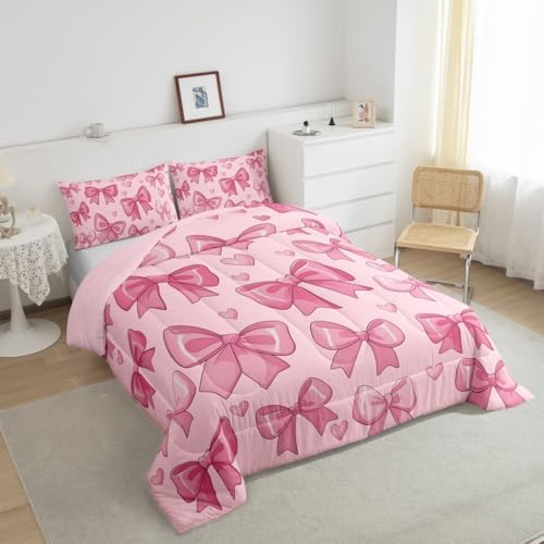 jejeloiu Pink Bow Comforter Set All Season Bowknot Bedding Set with 2 Pillow Cases Bow-tie Microfiber Kids King Bedclothes Colourful Bowknot Bedroom Decor Duvet Quilt Breathable Soft Lightweight