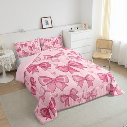 jejeloiu Pink Bow Comforter Set All Season Bowknot Bedding Set with 2 Pillow Cases Bow-tie Microfiber Kids King Bedclothes Colourful Bowknot Bedroom Decor Duvet Quilt Breathable Soft Lightweight