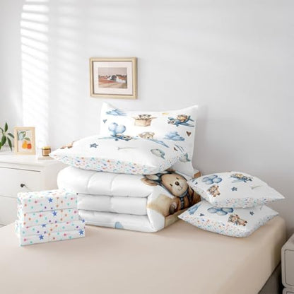 Erosebridal Cartoon Aircraft King Size Comforter Set with Sheets, Cute Bear Airplane Propeller Plane 7 Pcs Bedding Set for Boys Girls Adults, Bird Animals Bed in A Bag, Balloon Star Cloud Bed Sets