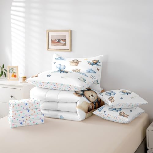 Erosebridal Cartoon Aircraft Queen Comforter Set with Sheets, Cute Bear Airplane Propeller Plane 7 Pcs Bedding Set for Kids Boys Girls Adults, Bird Animals Bed in A Bag, Balloon Star Cloud Bed Sets