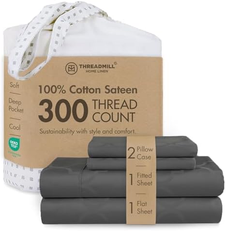 Threadmill 300TC Cotton Queen Sheet Set, Sateen, Jacquard Damask, Dark Grey