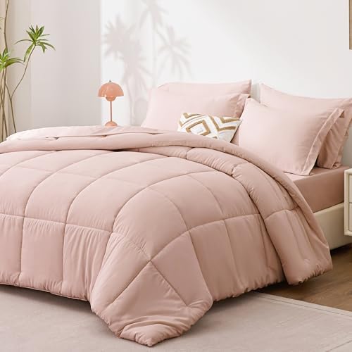 Love's cabin Twin Comforter Set Blush Pink, 5 Pieces Twin Bed in a Bag, All Season Bedding Sets with 1 Comforter, 1 Flat Sheet, 1 Fitted Sheet, 1 Pillowcase and 1 Pillow Sham