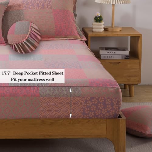 FADFAY Queen Sheets Set 100% Cotton Washed Double Gauze Muslin Bedding 4Pcs Boho Patchwork Checkered Floral Sheets Shabby Geometry Farmhouse Bedding Super Soft Deep Pocket Fitted Sheet, Queen Size
