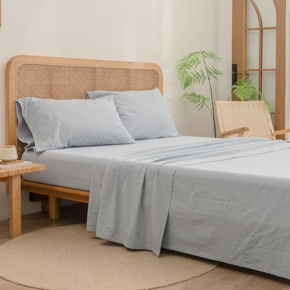 BESTOUCH Queen Washed Cotton Linen Feel Sheet Set 4 Pcs Cornflower Blue