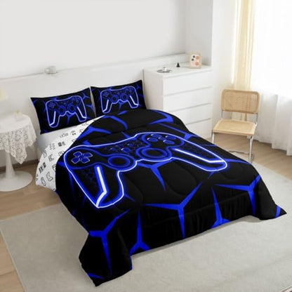 Feelyou Gamer Bedding Set Full Size Gaming Duvet Quilt for Kids Teens Adults Game Controller Comforter Set Geometric Gamepad Blue Room Decor 3Pcs with 2 Pillow Case