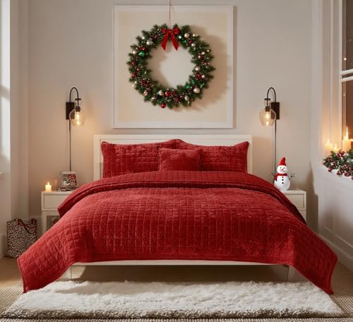 Quilt Set Oversized King Size 120x120 Luxurious Velvet Bedding Sets with 2 Pillow Shams 20x36 3 Pieces Ultra Soft Quilted Bedspread Coverlet Comforter for All Season,Red