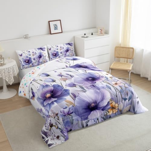 jejeloiu Purple Floral Flower Comforter Set Full Size Kids Wildflower Bedding Set for Boys Girls Teens Botanical Duvet Breathable Blossom Plant Quilt Bedroom Decor,1 Comforter with 2 Pillowcase