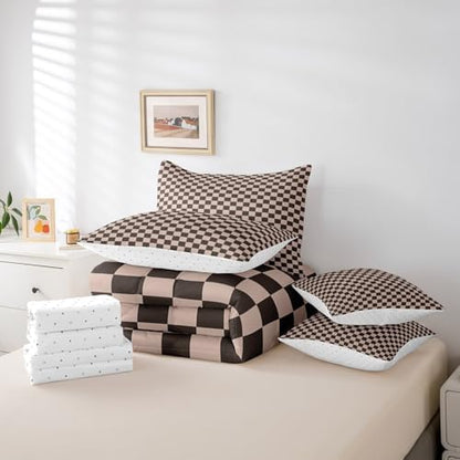 jejeloiu Brown Bedding Set 7Pcs Queen Size Kids Buffalo Plaid Comforter Set with Sheets for Boys Girls Checkered Grid Bed in a Bag Soft Lightweight,Microfiber